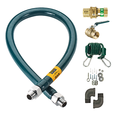 M7548K Royal Series Moveable
Gas Hose Connection Kit, 3/4
inside dia., 48 long, Heavy
duty stainless steel radial
wrap with Green antimicrobial
PVC coating, Quick
Disconnect, (1) full port gas
valve, (2) 90 elbows,
Restraining Cable with
mounting hardware, 180,000
BTU/hr minimum flow
capacity., 11/21