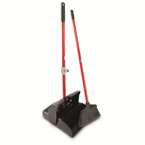 Lobby Dust Pan &amp; Broom, dust
pan (#916): 12&quot; x 36&quot;H (when
open), molded teeth, closed
lid, locks upright for
storage, with 1&quot; dia. red
steel handle, polypropylene,
black, ships assembled, lobby
broom (#915): 10&quot; x 38&quot;H, 3/4&quot;
dia. red steel handle, with
grip and hanger hole, 4-1/4&quot;
flagged staple-set fibers,
one-piece resin block, black,
SET, 10/21