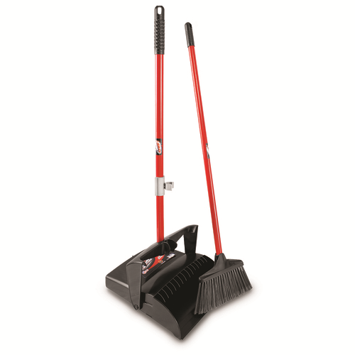 Lobby Dust Pan &amp; Broom, dust
pan (#918): 12&quot; x 36&quot;H (when
open), molded teeth, open lid,
locks upright for storage,
with 1&quot; dia. red steel handle,
polypropylene, black, ships
assembled , lobby broom
(#915): 10&quot; x 38&quot;H, 3/4&quot; dia.
red steel handle, with grip
and hanger hole, 4-1/4&quot;
flagged staple-set fibers,
one-piece resin block, black,
SET, 10/21