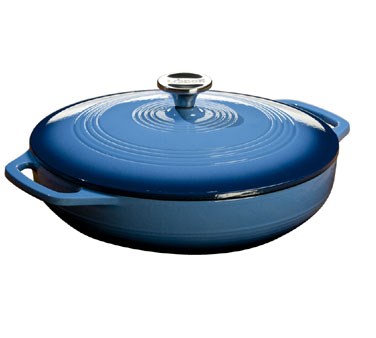 LODGE CASSEROLE BAKING DISH,
3.6qt., 11-3/4&quot; DIA. x 2-1/8&quot;
DEEP, ROUND, COVER WITH S/S
KNOB,
GAS/ELECTRIC/CERAMIC/INDUCTION
/OVEN SAFE, ENAMELED CAST
IRON, OFF WHITE INTERIOR/BLUE
EXTERIOR, 1/SET, 11/21