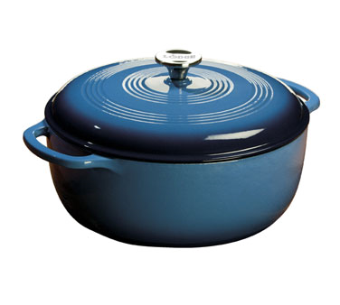 Dutch Oven, 7.5 quart, 12&quot;dia. 
x 4-3/4&quot; deep, round, cover 
with stainless steel knob, 
(hand wash recommended),
enameled cast iron, off-white, 
interior/blue exterior, 10/21
