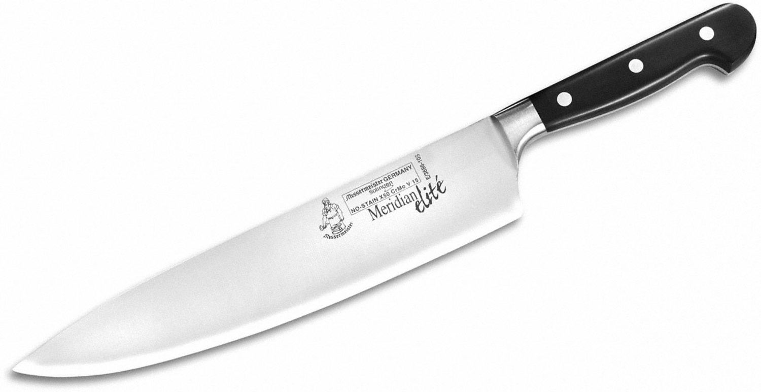 Meridian Elite Chefs Knife,
10, one piece, fully forged,
hand polished, triple rivet
&#39;POM&#39; handle, polished spine,
comes in gift box 6/13