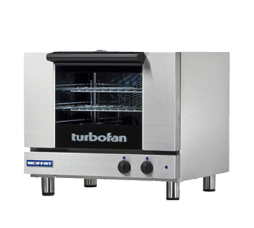 Turbofan Convection Oven,
electric, countertop, 21-3/4&quot;
assembled height, (3) 1/2
size sheet pan capacity,
2-5/8&quot; tray spacing, manual
controls, mechanical
thermostat range 150 - 500
F, 60 minute timer, stainless
steel front, sides and top
exterior, pull-down twin pane
glass door, porcelain
interior, 3&quot; adjustable
stainless steel feet, cETLus,
NSF, 110-120v/50/60/1ph, 12.0
amps, 1.5kW, NEMA 5-15P,
standard, 1 year parts and
labor warranty, 4/21