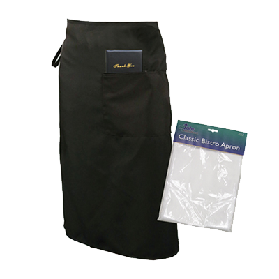 Black Classic Bistro Apron, 
38&quot;x33&quot;, 
patch pocket with pencil
divider, waist tie, 65%
polyester/35% cotton, black, 
each, 12/21