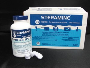 Steramine Tablets for 
sanitizing food contact 
surfaces, 1-2 tablets per
gallon of water, 150/btl, Per 
Bottle 9/22