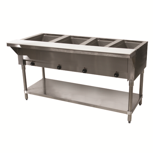 Hot Food Table, electric, 
62-7/16"W x 30-5/8"D x 
34-1/8"H, (4) 12" x 20" sealed 
wells with individual drain 
valves (accommodates pan 
inserts up to 6" deep), 
individual infinite controls 
with indicator lights, 3/8" 
thick poly cutting board, 
stainless steel well liners, 
galvanized open base with 
undershelf, UL, NSF (120v), 
1/22