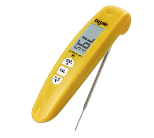 Folding Probe Thermometer,
digital, 1.5mm FDA
recommended step down probe
tip, -40 to 572F (-40 to
300 C) temperature range,
+/-1.8F in range, 14-212
F; +/-3.6F above &amp; below,
field recalibratable,
stabilized reading in 5
seconds or less, hold &amp;
auto-off features,
antimicrobial case, uses (2)
AAA batteries (included),
NSF, 11/20