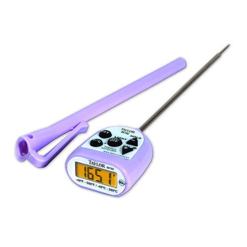 Pocket Thermometer,
2/5&quot; digital display, high
precision, -40 to 500F (-40
to 260C) temperature range,
1.5mm diameter FDA
recommended step-down probe,
F/C selectable,
maximum/minimum memory, hold
feature, two stage off
button, one to ten second
update, 4-1/2&quot; stainless
steel &quot;slim stem&quot;,
anti-microbial plastic
storage case, waterproof,
recalibratable, CR2032
lithium battery included,
NSF, blister carded, EACH,
11/20