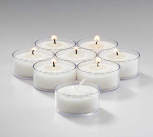 CLEAR BOTTOM Select Wax
Tealight Candle, 1-1/2&#39; dia.
x 3/4&#39;H, 5 hour, clear
plastic cup (4 inner packs of
125)