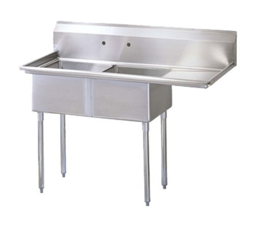 Sink, Two Compartment, with
18&#39; right-hand drainboard,
18&#39; front-to-back x 18&#39; wide
sink compartments, 11&#39; deep
with 11&#39; high splash, 57&#39;
WIDE OA, 18/304 stainless
steel bowls, galvanized
gussets &amp; tubular legs
w/adjustable ABS feet, NSF
approved, 3/15
