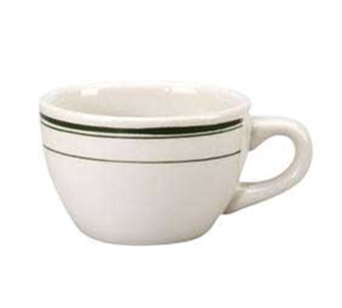 Cup, 7 oz., 3-3/4&quot;, short,
wide rim, rolled edge, with
handle, microwave &amp; dishwasher
safe, vitrified
china, Better Values, Del Mar
Green Collection, American
White, Undecorated, FDA
approved, 3/DOZ, 11/21