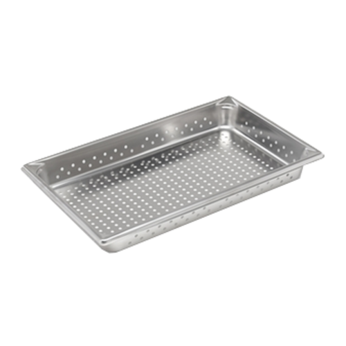 Super Pan V Food Pan,
perforated bottom, full-size,
2-1/2&#39; deep, 22 gauge, 300
series stainless steel,
anti-jamming design with
reinforced pour corners, NSF,
Made in USA, each  1/22
