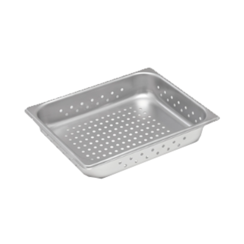 Super Pan V Food Pan,
perforated bottom, 1/2 size,
2-1/2&#39; deep, 22 gauge, 300
series stainless steel,
anti-jamming design with
reinforced pour corners, NSF,
Made in USA, each  1/22