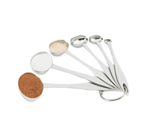 Six-Piece Oval Measuring Spoon
Set, 18/8 stainless steel,
unique oval
bowl design, capacities
stamped on product, set
secured with stainless steel
ring, includes (1) Tbsp (15
ml), (2) tsp (10 ml), (1) tsp
(5 ml), 1/2 tsp (2.5 ml), 1/4
tsp (1.25 ml), 1/8 tsp (.625
ml), imported, PER SET