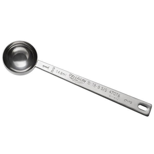 Measuring Spoon, 1-tbsp,(15
ml), 6-1/2&#39; long, round, type
304 18/8 stainless steel,
one-piece construction,
stamped capacities, each 11/22