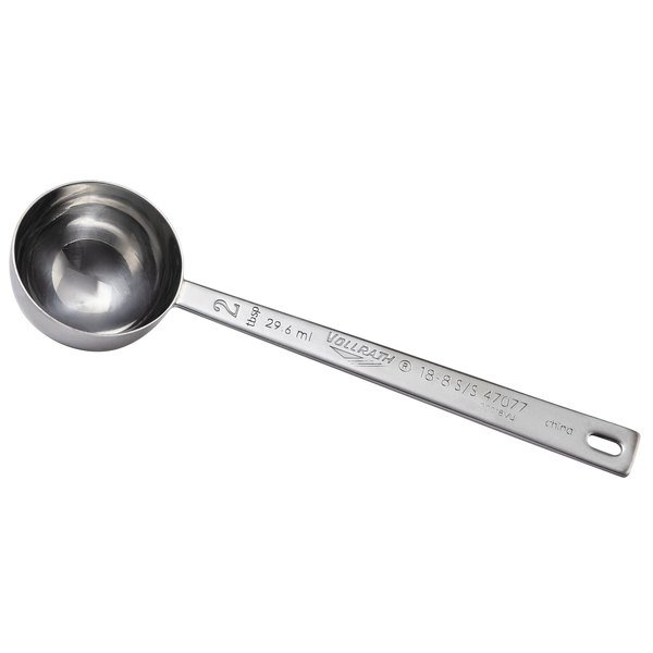 Measuring Spoon, 2 Tbsp,(30
ml), 6-3/4&#39; long, round, type
304 18-8 stainless steel,
one-piece construction,
stamped capacities, Imported, 
each