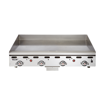 Heavy Duty Griddle,
countertop, gas, 24&quot; W x 24&quot;
D cooking surface, 1&quot; thick
polished steel griddle plate,
embedded mechanical snap
action thermostat every 12&quot;,
millivolt pilot safety,
manual ignition, low profile,
stainless steel front, sides,
front grease trough, 4&quot; back
&amp; tapered side splashes, 4&quot;
adjustable legs, 54,000 BTU,
CSA, NSF, 1 year limited
parts &amp; labor warranty,
standard, NATURAL GAS, 1/23