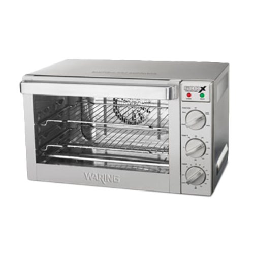 Commercial Convection Oven,
countertop, 23&quot;W x 23&quot;D x
15&quot;H, electric, 1/2 size,
die-cast manual control knobs,
150-500F temperature range,
holds (4) half-size sheet pans
(not included), (3) baking
racks &amp; (1) half-size sheet
pan (included), double-pane
glass oven door, stainless
steel construction with
brushed finish, 120v/60/1-ph,
1700 watt, 14 amp, NEMA 5-15P,
NSF, UL, cULus, 1 year limited
warranty (motor only),
standard, 3/22

For Customer Care &amp; Product 
Service, please contact:
(800) 269-6640
waring_service@conair.com