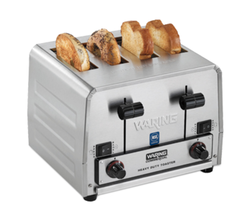 Heavy-Duty Commercial
Switchable
Bagel/Bread Toaster, pop-up,
11-7/8&#39;W x 10-1/2&#39;D x 9&#39;H,
(4) slice capacity, (300)
slices per hour, (4) 1-1/2&#39;
slots, wide slots toast on
one side only, electronic
browning controls &amp; carrige
control levers, replaceable
industrial heating plates,
removable crumb tray, brushed
stainless steel housing, NEMA
5-15P, 1800 watts, 15.0 amps,
120v/50/601-ph, ETL, NSF 1
Year Warranty, 1/21

For Customer Care &amp; Product 
Service, please contact:
(800) 269-6640
waring_service@conair.com