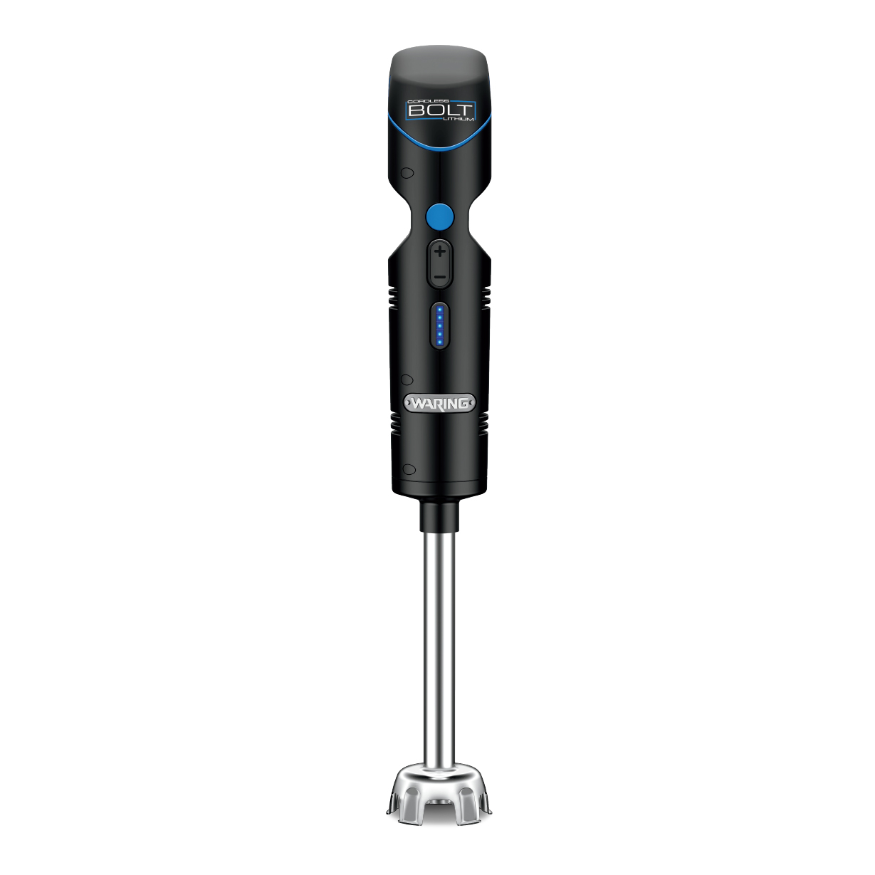 Bolt Immersion Blender,
medium duty,
cordless/rechargeable, 7&quot;
stainless steel removable
shaft, stainless steel blade,
variable speed, brushless DC
motor, 10.8 volt Lithium Ion
battery pack, includes:
charging station &amp;
storage/transport case,
cETLus, ETL-Sanitation, 1/21

For Customer Care &amp; Product 
Service, please contact:
(800) 269-6640
waring_service@conair.com
