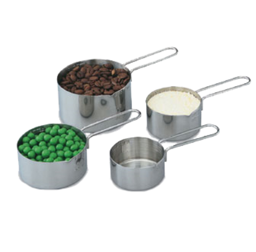 Measuring Cup Set,
four-piece, 18-10 stainless,
measurements stamped into
side of each cup, integral
spout, dishwasher safe, set
contains; 1-cup, 1/2-cup,
1/3-cup, 1/4-cup, imported